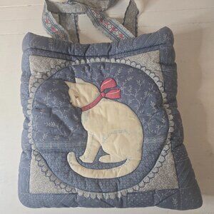 Tote Bag Quilt Handmade Cat Blue and Cream New